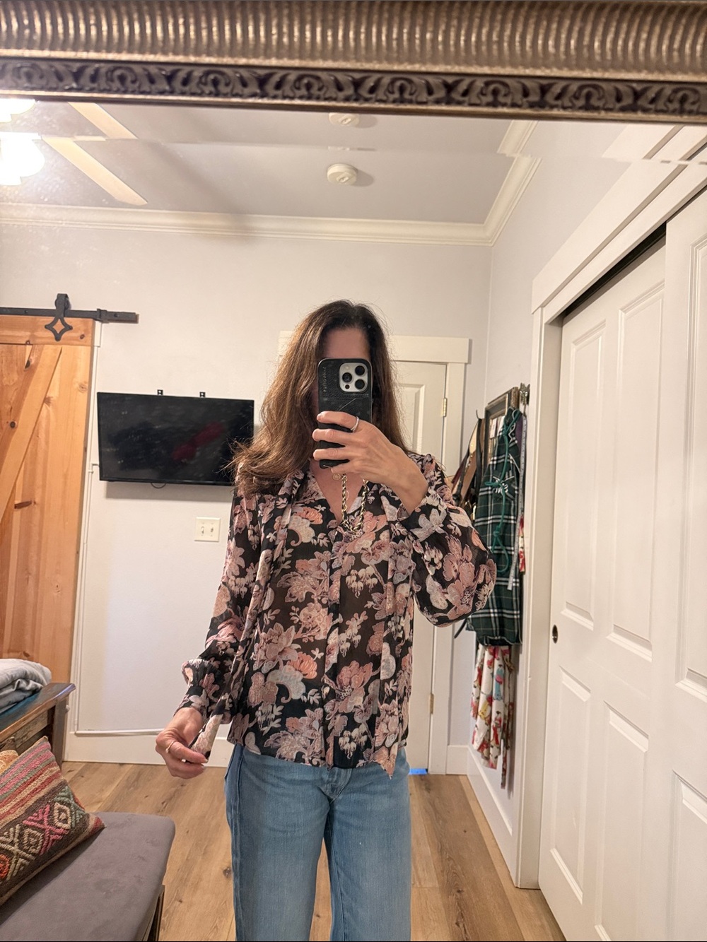 NWT PAIGE silk V-Neck Long Sleeve Blouse with tie - Black & Pink floral